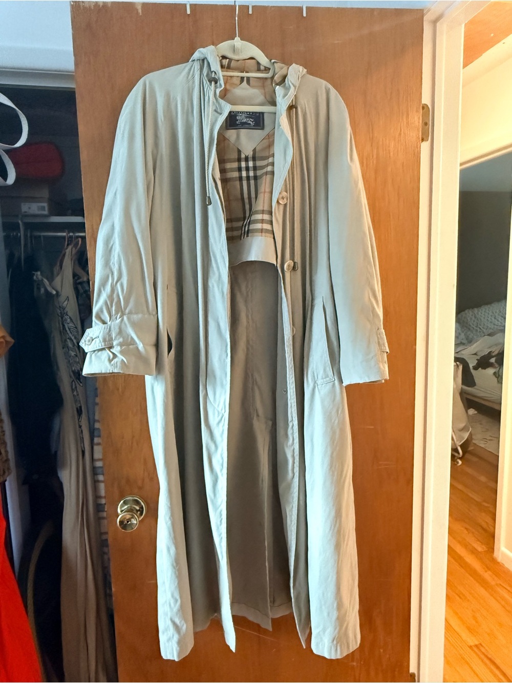 Vintage 90s Burberrys of London Hooded Long Trench Coat Nova Check Beige